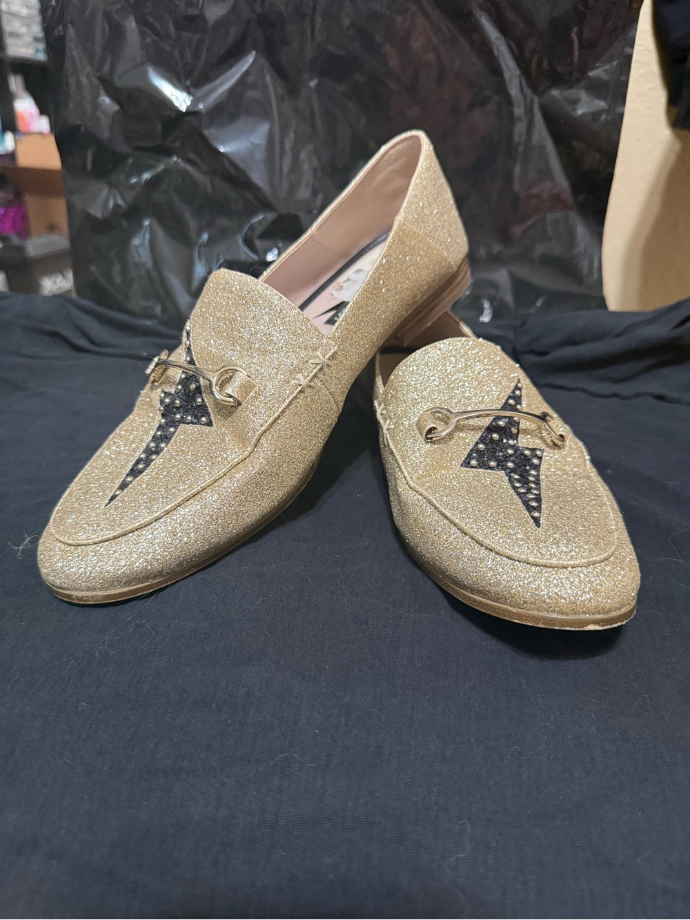 Nine West Gold Glitter Loafers with Black Star Accent
